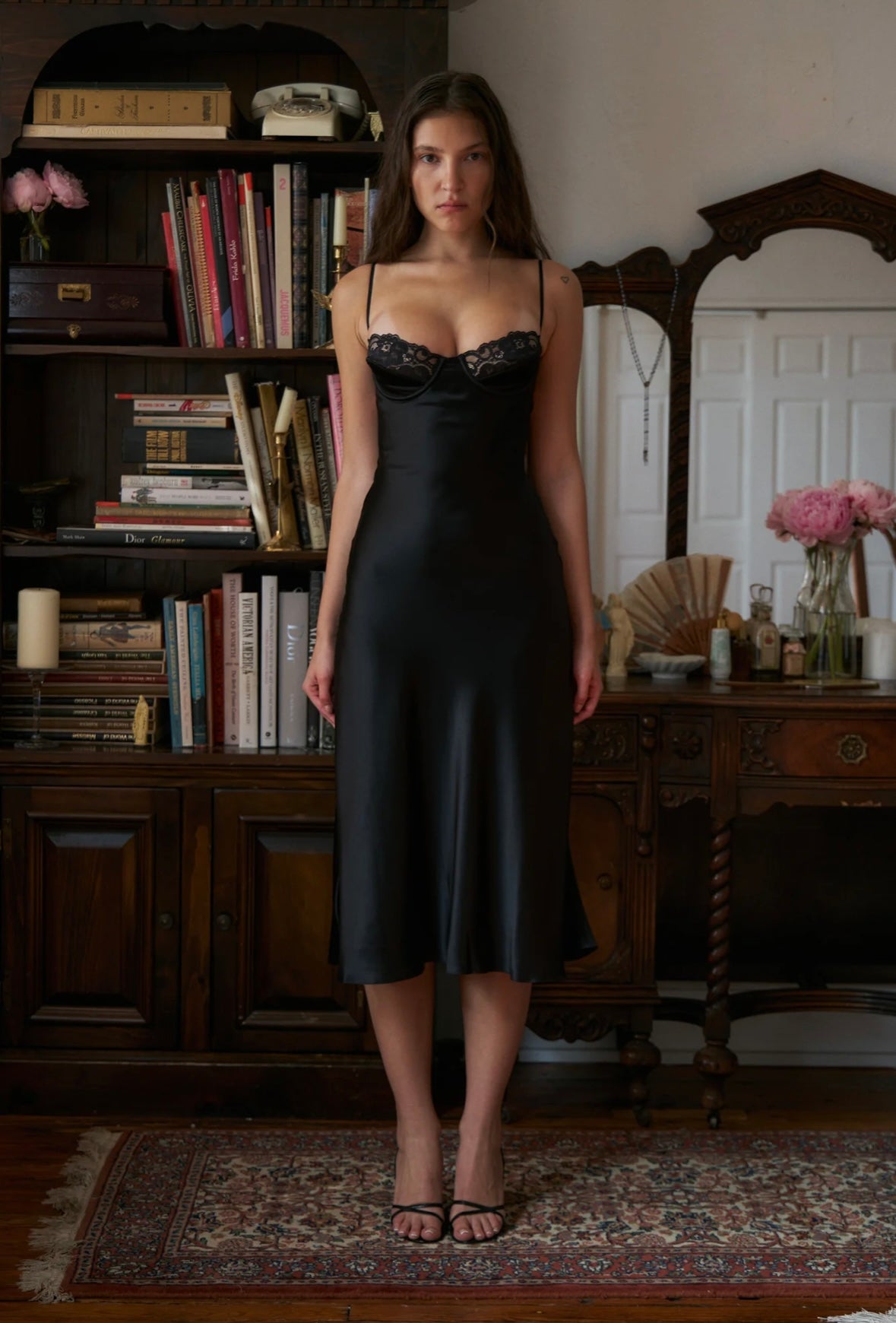 e d d e Black Satin Midi Dress